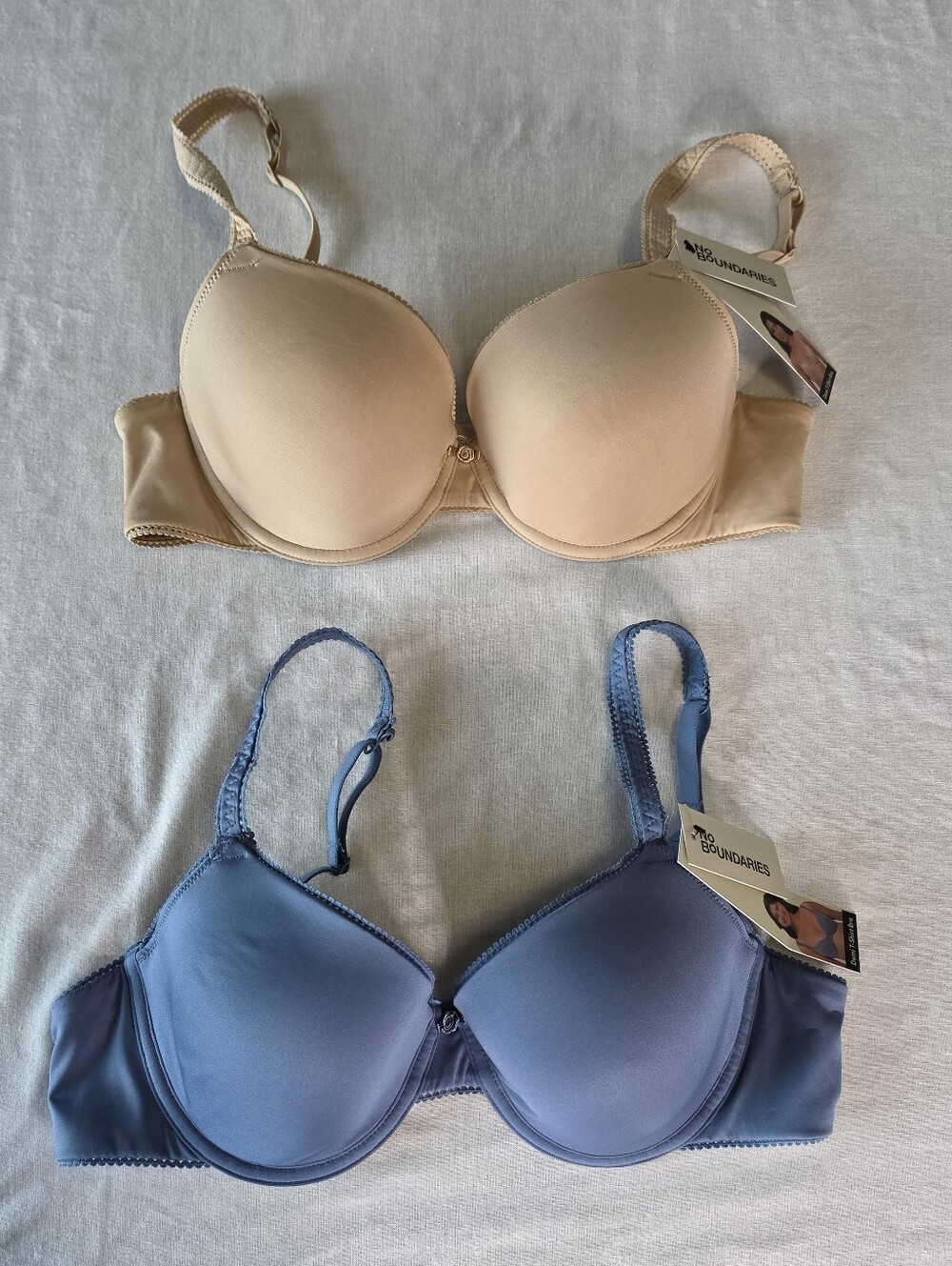 No Boundaries Lot of 2 Lightly Lined Demi T-Shirt Bras 36B NWT Beige Blue J-Hook